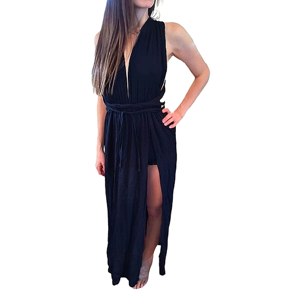 Keliki Hawaiian Romper Maxi Dress Women's Sz S Black Krinkle Tropical Beachwear - Picture 4 of 14